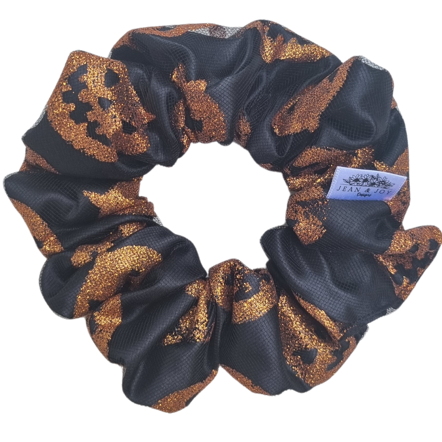 ππ€ Evil Pumpkin Spice ~Black Satin and Orange Glitter Pumpkin Halloween Scrunchie