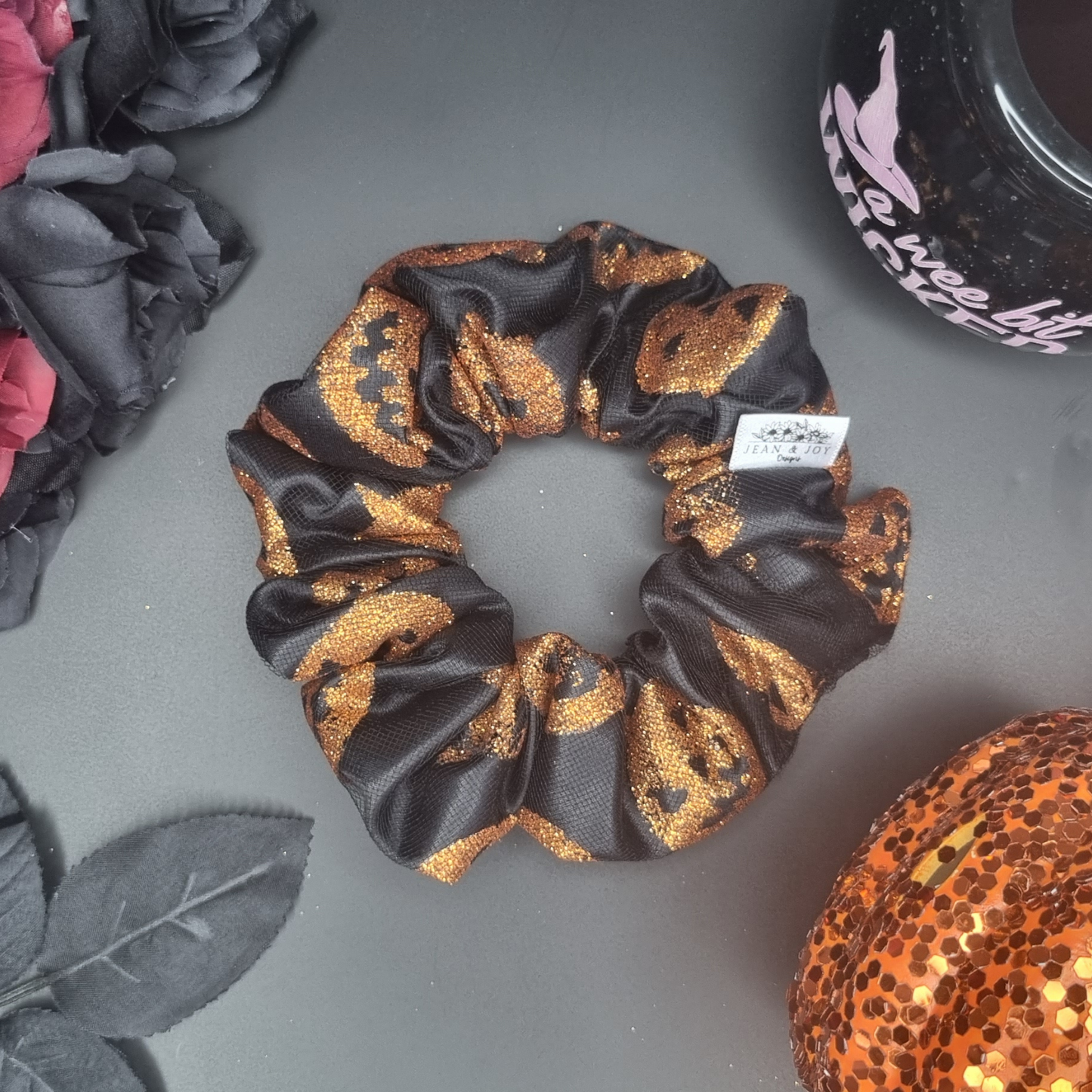 ππ€ Evil Pumpkin Spice ~Black Satin and Orange Glitter Pumpkin Halloween Scrunchie