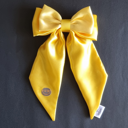 Yellow Satin Double Bow with tails - R U Ok mental health awareness accessories